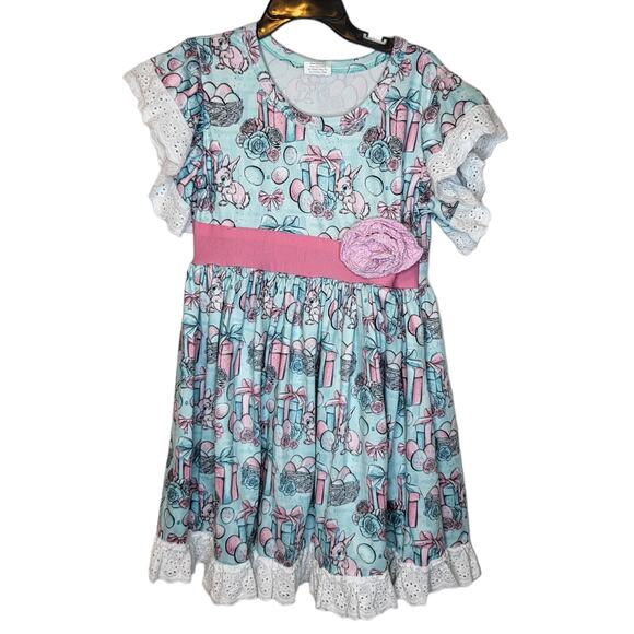 Blue PInk Bunny Twirl dress lace flutter sleeves hem girls 6/7 - Picture 1 of 4